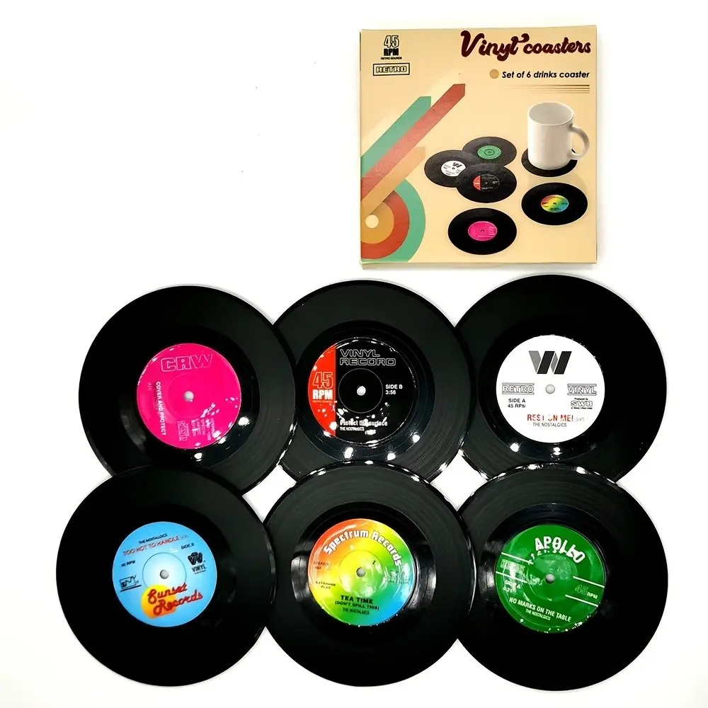6 Pcs Vintage Vinyl Record Coasters, 9.5cm Silicone Non-Slip Heat Resistant Mats, Creative Music Theme Desk Decorations