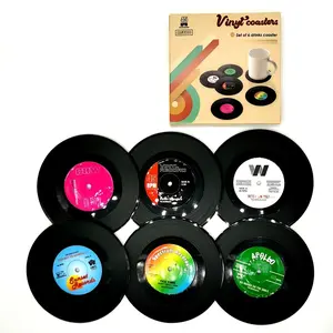 6 Pcs Vintage Vinyl Record Coasters, 9.5cm Silicone Non-Slip Heat Resistant Mats, Creative Music Theme Desk Decorations