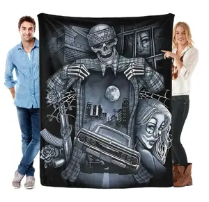 Chicano Style Skeleton & Lowrider Flannel Throw Blanket, Ultra Soft Cozy Fleece Blanket with Urban Gang Art, All-Season Blanket for Man Cave & Bedroom Classic Anime Merchandise Cute Aesthetic Room Decor Cozy Bedding