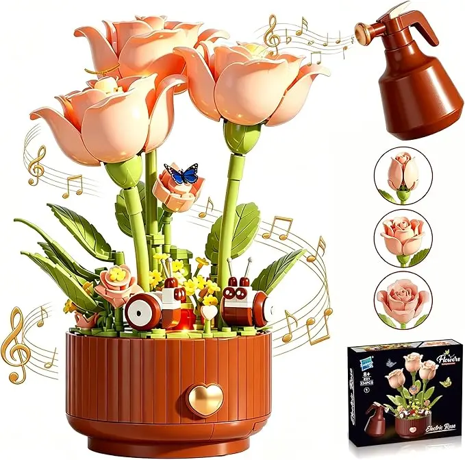 DIY Magical Blooming Rose Building Set - Battery-Powered Moving Petals, Interactive Sound, LED Light, Magic Spray Bottle, Dual Motion Modes, Diy Model Kit, Romantic Unique Gift, Mother's Day Gift, Valentine's Day Present, Christmas Gift, Birthday Gift
