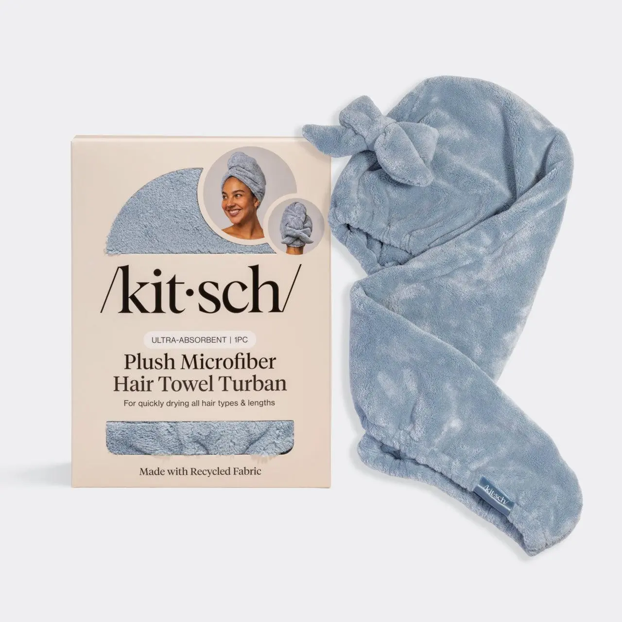 Coastal Blue Plush Microfiber Hair Towel Turban with Bow