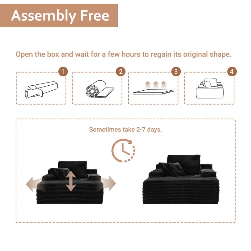 CAODOC Boneless Chaise Lounge Upholstered Sofa Bed with Throw Pillows, 48.42" Deep, Soft Corduroy, No Assembly Required, Indoor Sleeper Chair