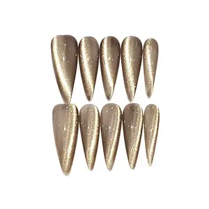 Chic Gold Glitter Long Stiletto Press On Nails, 10PCS Handmade Reusable Acrylic Fake Nails For Luxe Style