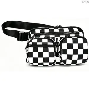 Trendy Y2K Black White Checkered Fanny Pack, Multi Pocket Convertible Crossbody Bag, Adjustable Strap Large Capacity Lightweight Waist Pouch, Casual Street Style Hands Free Sling Purse for Daily Errands, Festival, Travel, Shopping & Concert summerwins