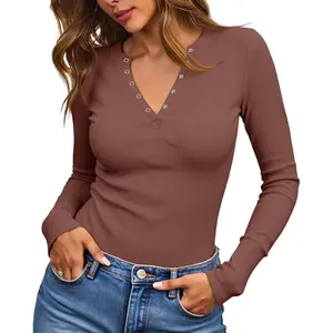 Womens Long Sleeve Deep V Neck Casual Cropped Henley Shirt Ribbed Knit Button Up Basic Tees