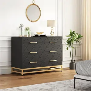 Modern Black Wood Dresser With 6 Drawers Multi Function Storage Cabinet TV Stand Bedside Table Gold Metal Base Handles Anti Tip Safety For Bedroom Living Room Nursery Dark Grey Furniture