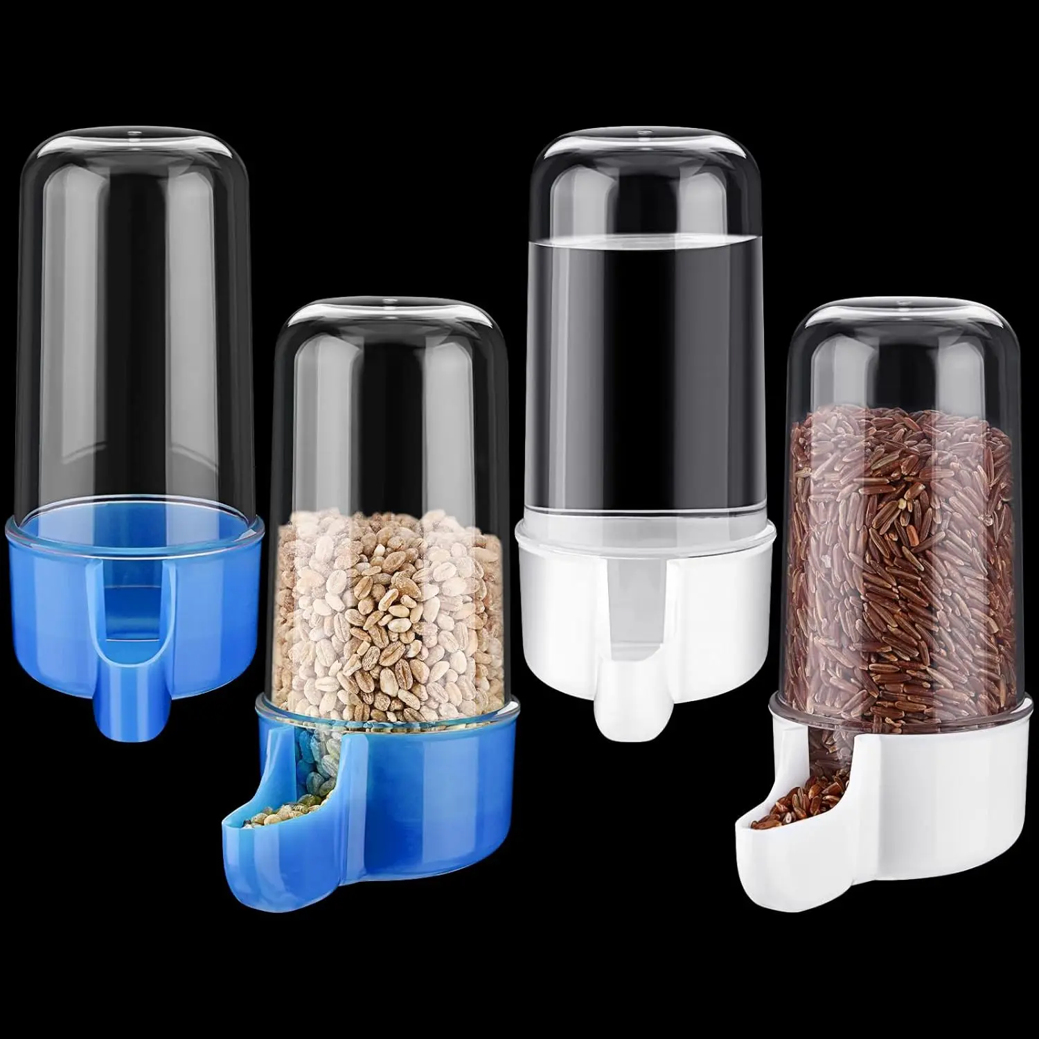 4Pcs Automatic Gravity Bird Feeder & Water Feeder Set - 200ml Blue/White Bird Supplies, Vertical Mount Cage Accessory with Rail Clamps for Parrots (Home Improvement), Automatic Gravity Feeder