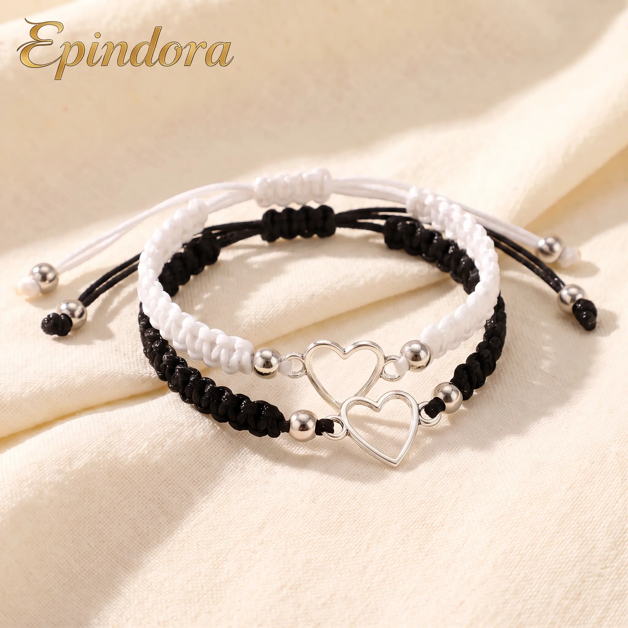 Epindora Gold-Tone Alloy+Rope Handmade Braided Cord Heart Charm Adjustable Size Minimalist Matching Pair Couple Bracelet Set, Valentine’s Gift for Everyday Wear