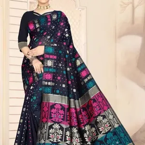 INDIAN FASHIONABLE COTTON JACQUARD WORK SAREE WITH UNSTITCHED BLOUSE NAVY