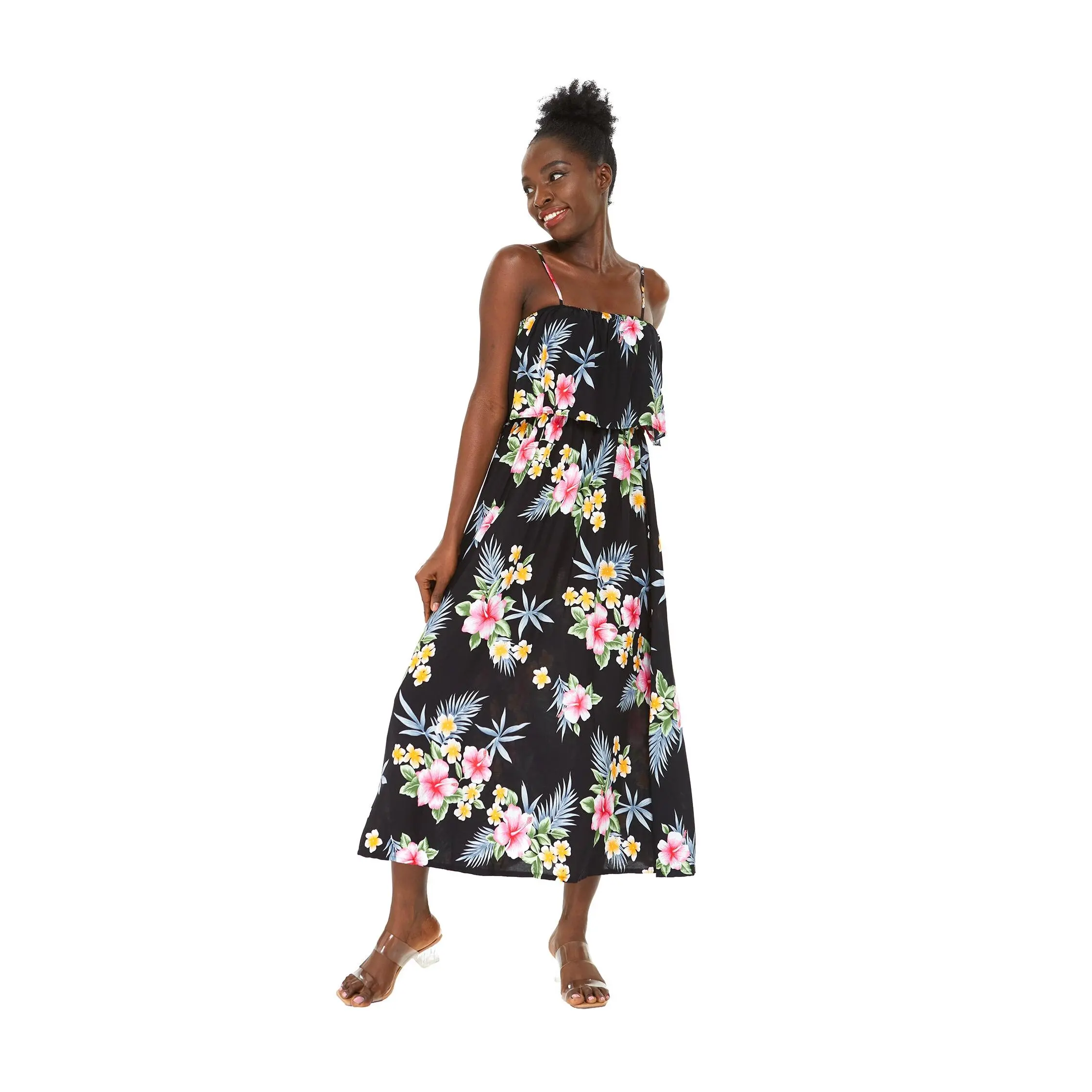Women's Charming Muumuu Dress in Hibiscus Black