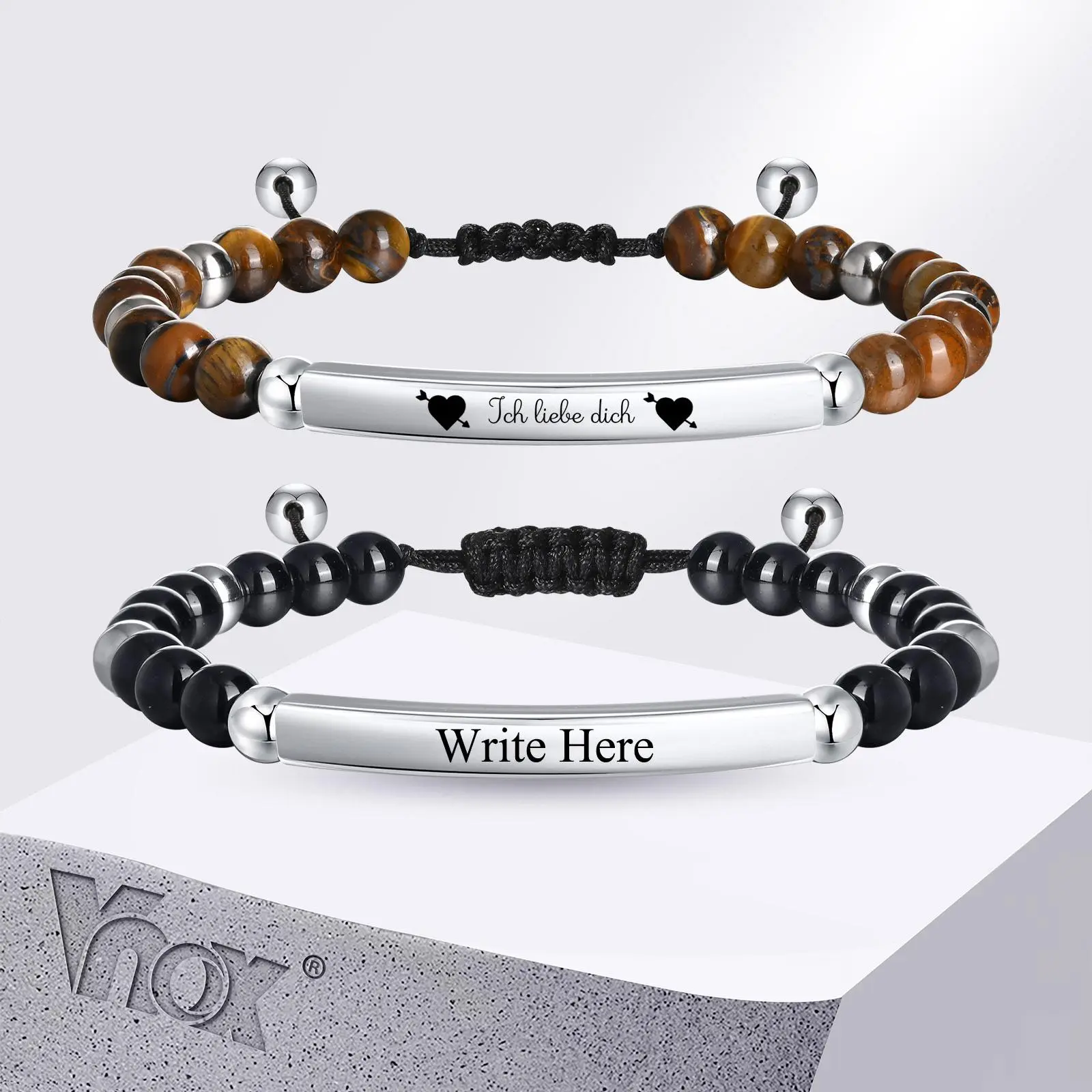 Vnox Free Personalized Name Stainless Steel Bangle for Men,Black Gemstone Beads Bracelets,Natural Tiger Eyes Beaded Wristband