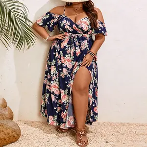Women's Plus Size Cold Shoulder Short Sleeve Split Thigh Long Dress
