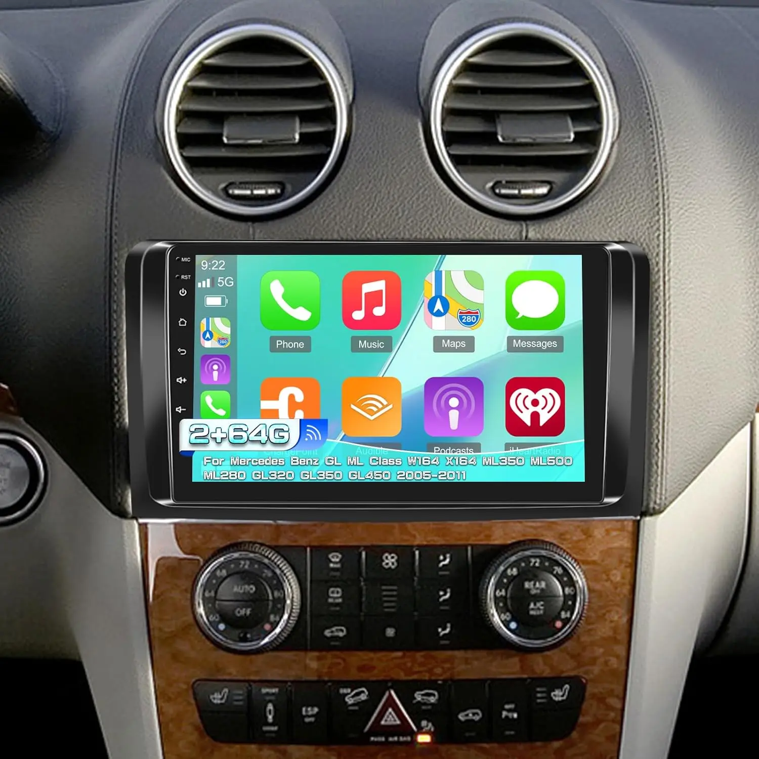 RIMOODY 9-Inch Carplay Touchscreen Car Media Player, 4G+64G Android System, Carplay & Android Auto Compatible, EQ Audio, 1080P, SWC, Bluetooth for Mercedes Benz W164 X164 ML/GL Class (2005-2011 ML280 ML350 ML500 GL320 GL350 GL450) Father's Day Gift