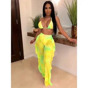 Trendy Two-Piece Set - Crop Halter Top with Adjustable Straps & Fringe Hem Pants - Sexy Tie Dye Print, Matching Outfit for Women, Comfortable and Stylish Clothing vacation wear