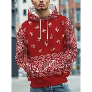 Men's Paisley Pattern Hooded Sweatshirt, Casual Trendy Long Sleeve Pullover As Gift