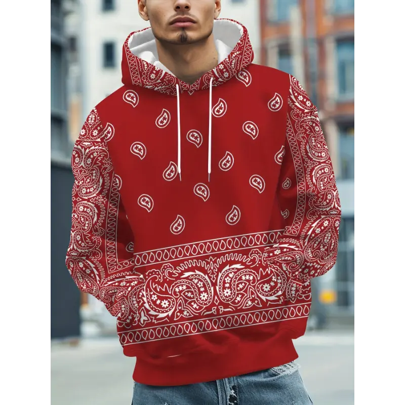 Men's Paisley Pattern Hooded Sweatshirt, Casual Trendy Long Sleeve Pullover As Gift