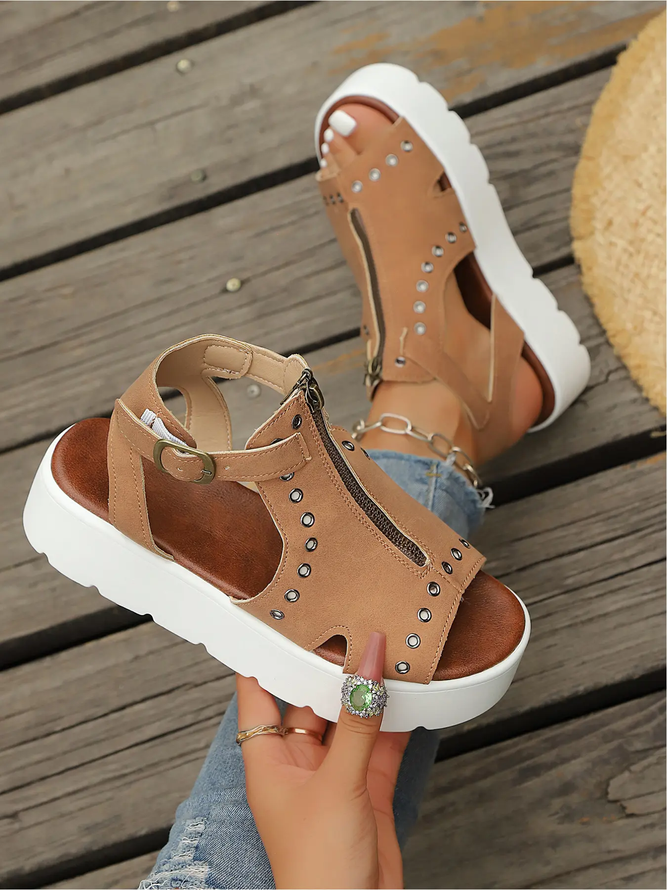 Women's Studded Zip-Up Platform Gladiator Sandals, Ankle Strap Open Toe Chunky Heel Summer ShoesStudded Zip-Up Platform Gladiator Sandals for Women, Ankle Strap Open Toe Chunky Heel Shoes, Non-slip Comfortable Footwear for Casual & Streetwear