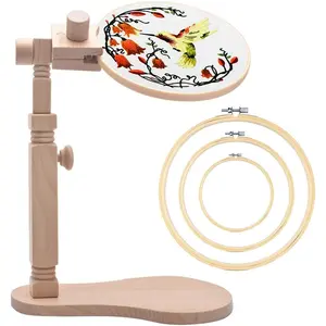 Beech Wood Embroidery Hoop Stand, with 3pcs Embroidery Hoops (3inch + 6inch + 8inch), Adjustable Rotated Wooden Embroidery Hoop Holder for Cross Stitch and Embroidery Projects