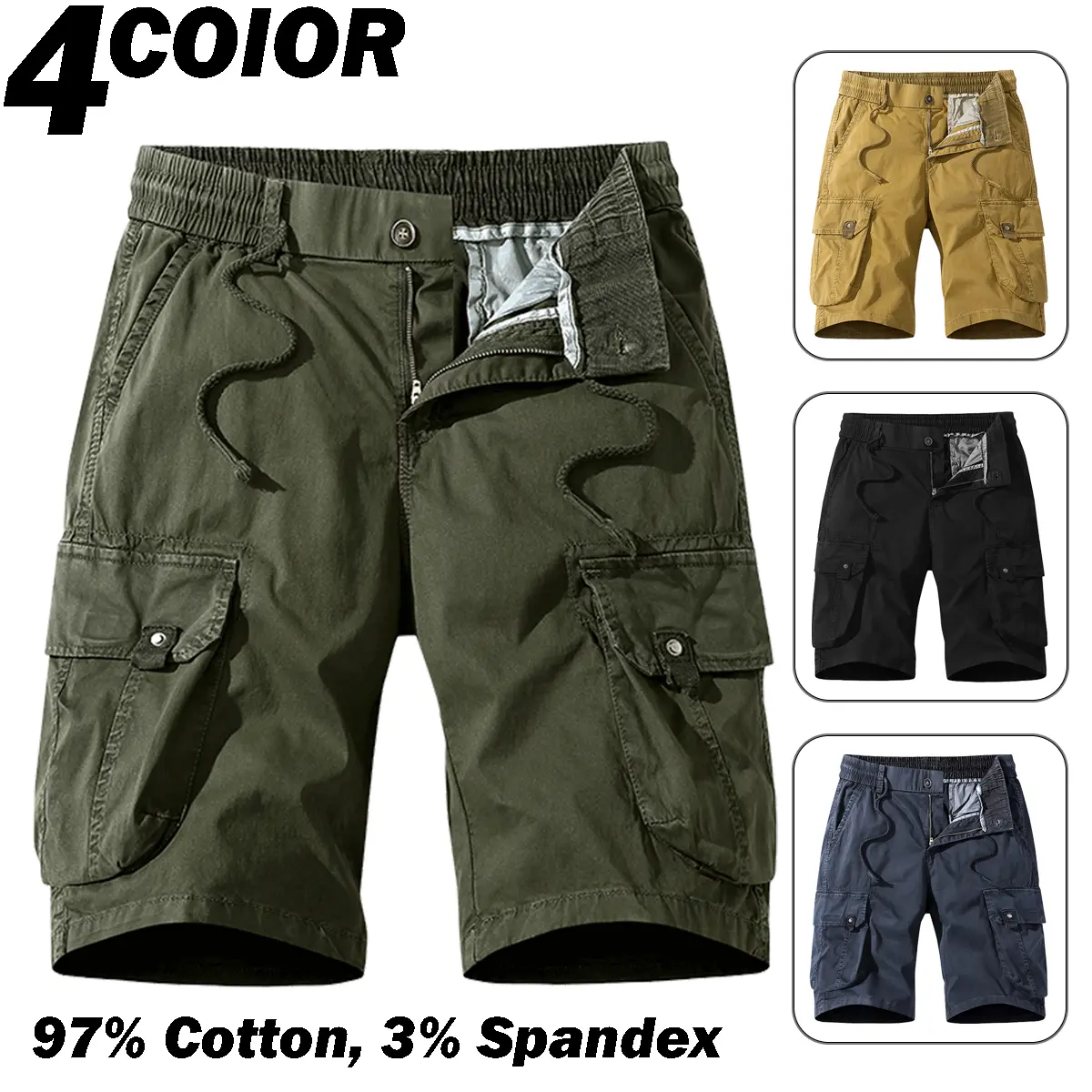 Men's Cargo Shorts, 97% Cotton 3% Spandex Woven Well-Fitting Military-Streetwear-Inspired Multipocket Shorts, Elastic Waist, 4 Trendy Colors, Ideal for Work & Hiking, Multipocket Men's Shorts, Well-Fitting Men's Shorts