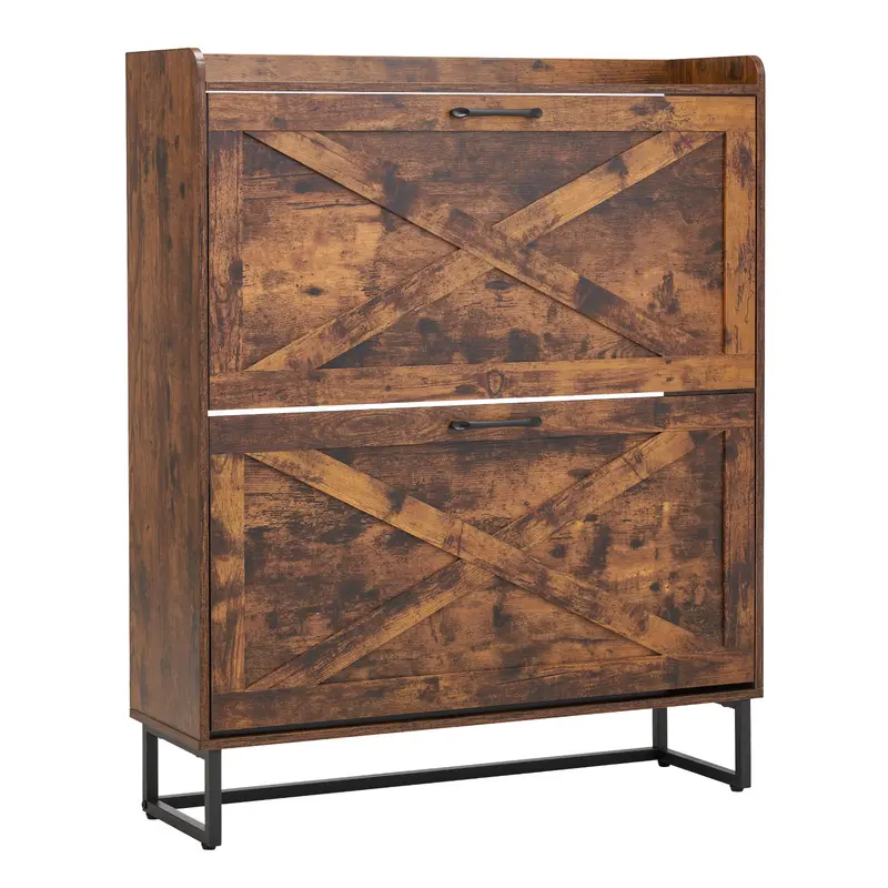 VEVOR Farmhouse Brown Furniture Shoe Cabinet - 2 Flip Drawers, Metal Legs, Anti-Tipping Device, Freestanding Organizer for Entryway, Hallway