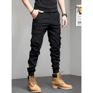 Slim-fit Multi Pockets Cargo Cropped Pants - Men's Solid Barrel Joggers For Outdoor Activities