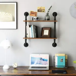 Industrial Pipe Shelves Wall Mount, 2-Tier Wood Floating Shelves for Wall Bathroom Kitchen Bedroom