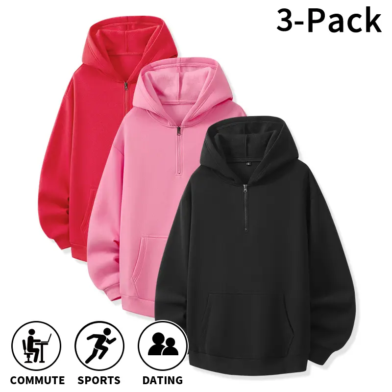 3-pack/1-pack men’s solid-color half-zip hoodie with a loose, soft fit. With long sleeves and a hooded design, this casual top is suitable for all seasons and various occasions including commuting, workouts, dates, and trips.