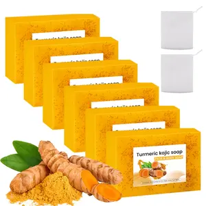 6pcs 100g turmeric kojic soap cleanser with two foaming nets - containing turmeric, kojic, lemon, deeply cleanses and moisturizes the skin, can be used on the face, body, and armpits, with rich soaking and suitable for all skin types