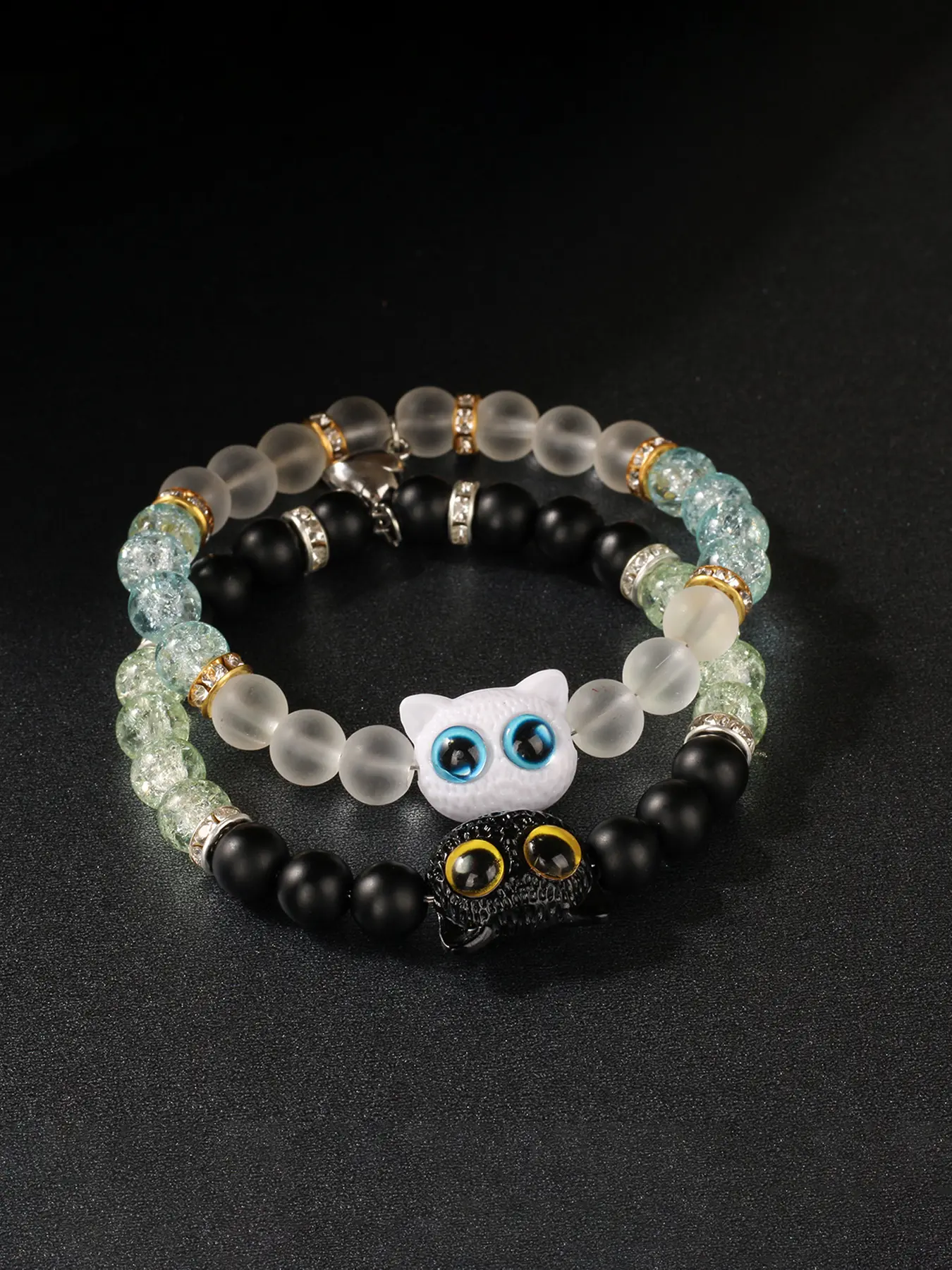 Two-Piece Crystal Beaded Matching Bracelet Set, Cartoon Cat Heart Design, Couple Bracelets, Companion Bracelet, Couple Best Friend Friendship Jewelry, Holiday Gift, Daily Wear, Beaded Bracelet Sets