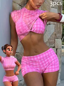3pcs Women's Swimsuit bikini, Swimwear top, cute casual graphic gingham pink beachwear swimsuit summer T-shirt coverups gym pants crop top vest strapless camisole outfit, Going Out Outfits, Birthday Outfit, Casual, Y2k, Classy