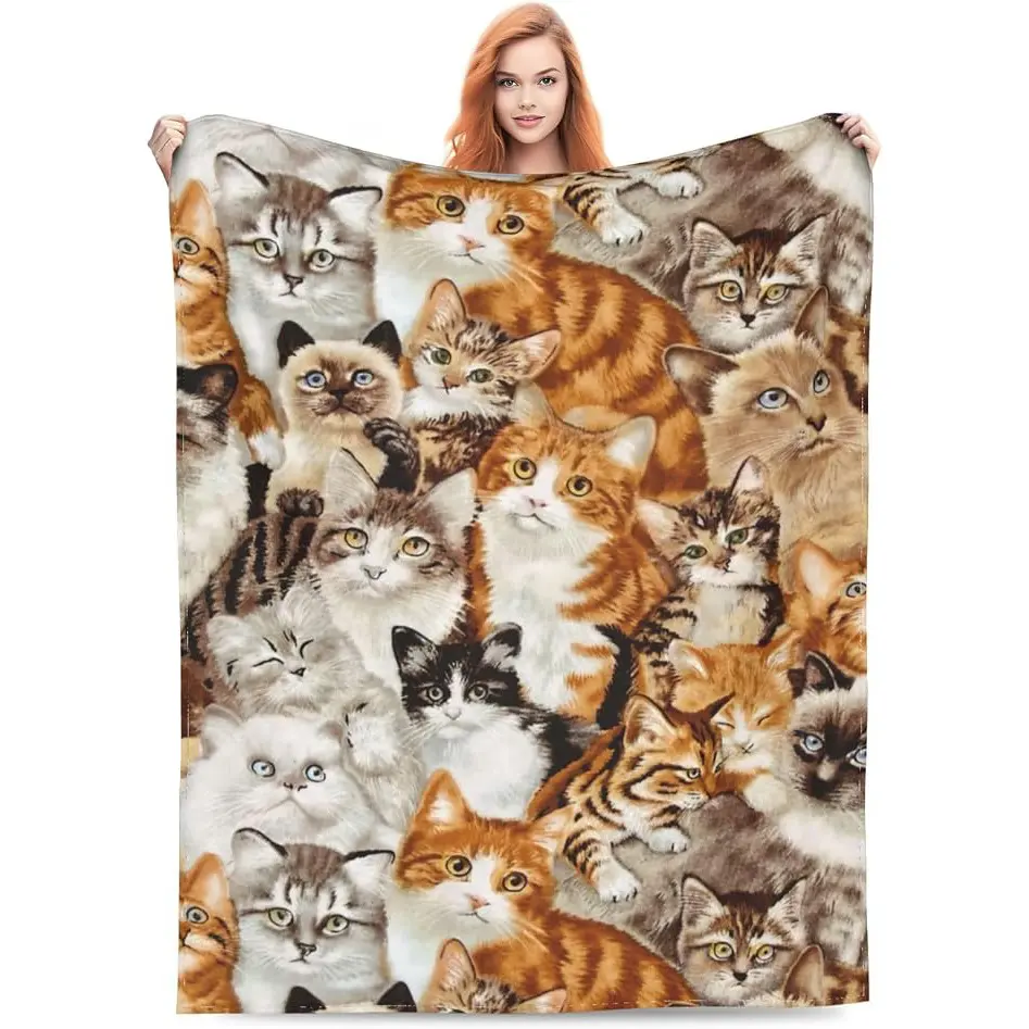 Realistic Cat Print Flannel Throw Blanket, Cute Kitten Pattern Cozy Blanket, Pet Animal Decor Bedding for Sofa Bedroom Lounge