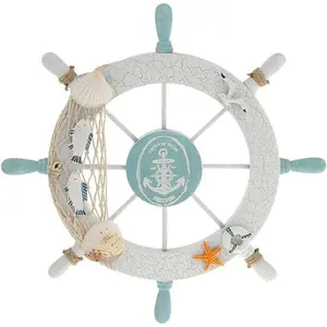 Nautical Beach Wooden Boat Ship Steering Wheel Fishing Net Shell Home Wall Decor White - ... Gift Hand