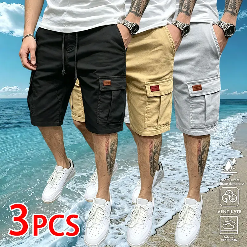 Clean Gent 3-pack men’s cargo shorts: regular fit, solid color with patch pockets and a drawstring waistband; casual, comfortable Bermuda shorts with an elastic waist; suitable for everyday wear; summer streetwear shorts; breathable, skin-friendly fabric;