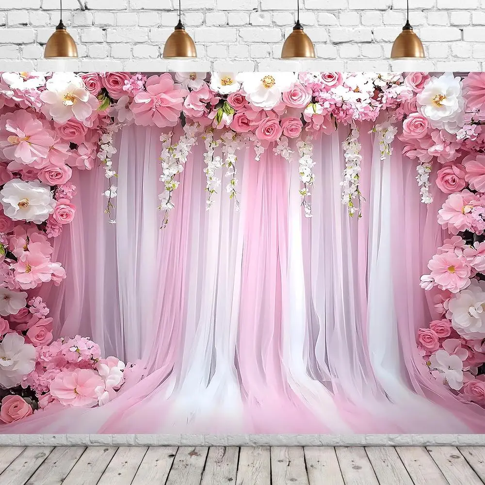 1PC Reusable Polyester 2D Blush Pink Romantic Floral Backdrop Banner, Party Decoration Supplies for Wedding Photography, Birthday, Home & Outdoor Event Decor