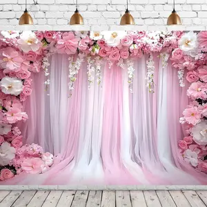 1PC,2D Flat Pink Romantic Floral Backdrop, Wedding Birthday Party Photography Decor Curtain, Bride Photo Backdrop, Indoor Outdoor Event Scene Decoration Backdrop