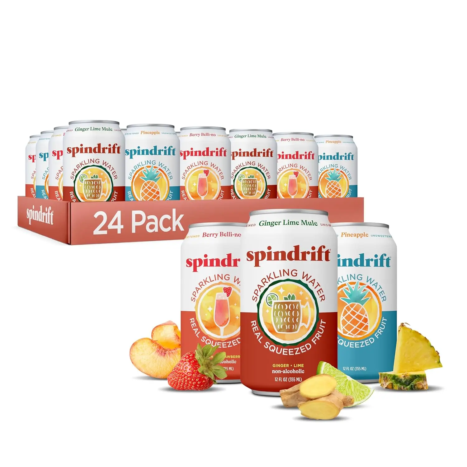 Spindrift Sparkling Water Mocktail Variety Pack, Made with Real Squeezed Fruit, 3 Flavor Assorted Pack, 12 oz Cans, 24 Count Refreshing Drink Pack