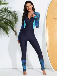 Women's Long Sleeve Leaf Print One-Piece Swimsuit Swim Bodysuit with Zipper, Wireless Fitted Swimwear for All Seasons, Sporty Style