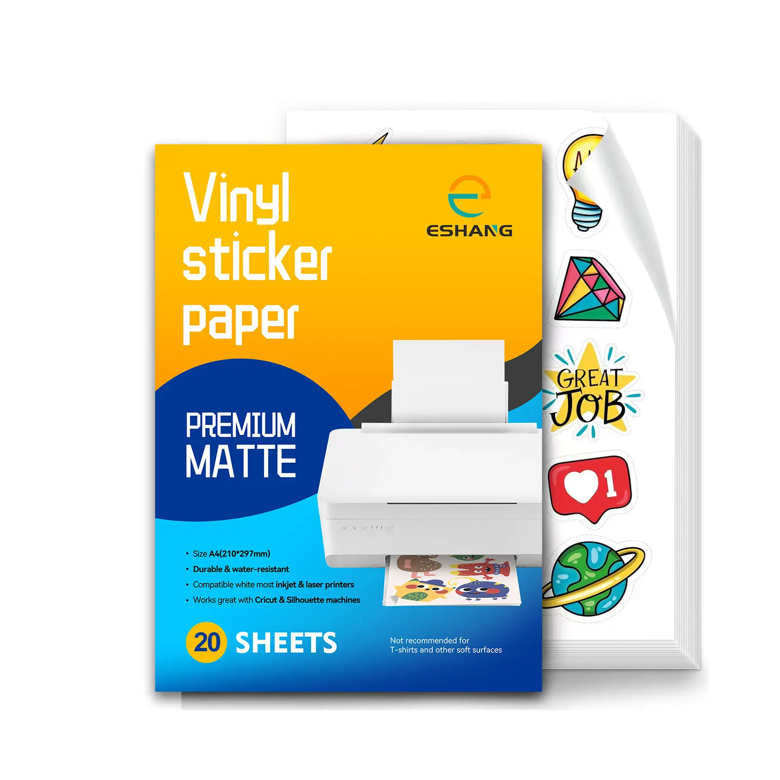 Eshang 20 Sheets A4 Matte Printable Vinyl DIY Sticker Paper, Matte Stickers, Self-Adhesive Sheets for Inkjet Printer, 8.3"x11.7", Dries Quickly, Holds Ink Beautifully, Adhesive Vinyl Decal