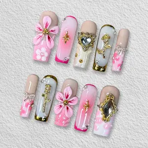 Pressmeon Handmade Press-on Nails | Blush Reverie | Long Square Shape Collection | 3D Luxury Salon Quality | Reusable & Extra Durable | Eco Package