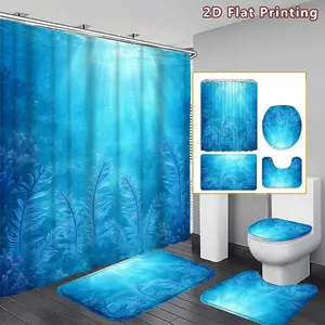 4PCS Underwater World Shower Curtain set, Blue Ocean and Sea Plants Bathroom Decor, Accessories with Bath Mat, U-shaped Mat, Toilet Lid Cover, 12 Hooks 180x180cm Curtain, Ocean Aesthetic, Home Decor, bathroom accessories