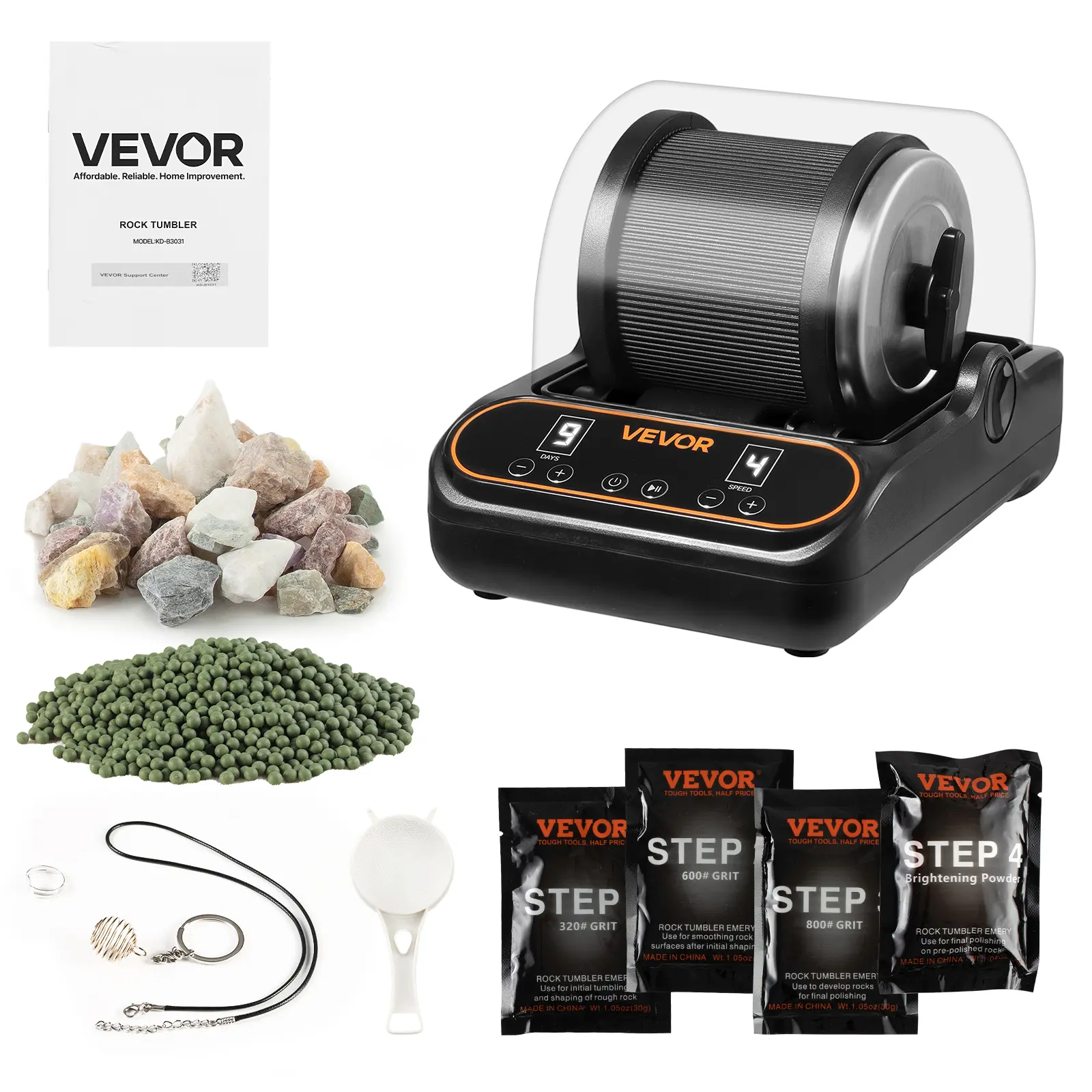 【Summerfinds】VEVOR Rock Tumbler, 2 lb Rock Polishing Machine, Rocks Tumbling Kit with 4-Speed Adjustment, 1–9 Day Timer, PC Sound Reduction Cover & TPU Drum, Direct Drive Motor Rocks Polishing, Quiet Operation