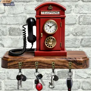 Vintage Telephone Wall Clock with Key Holder – Wooden Multi-Function Entryway Organizer with 4 Metal Hooks, Decorative Wall Art (11.8" x 9")