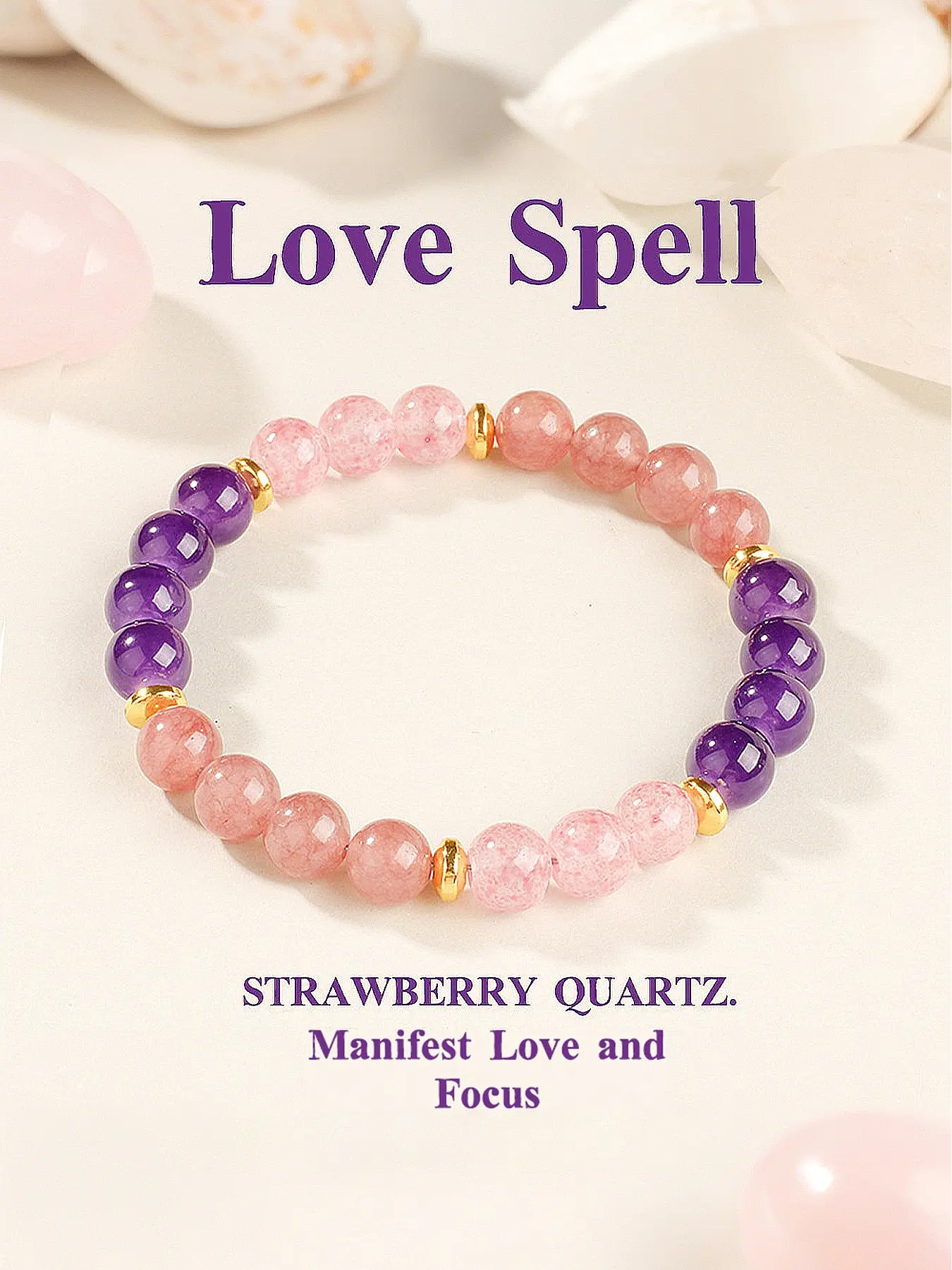Natural Strawberry Quartz Crystal Beaded Bracelet, Love Spell Jewelry, Spiritual Energy Balancing Gift for Men & Women, Healing Crystal Bracelet, Beautiful Bracelets