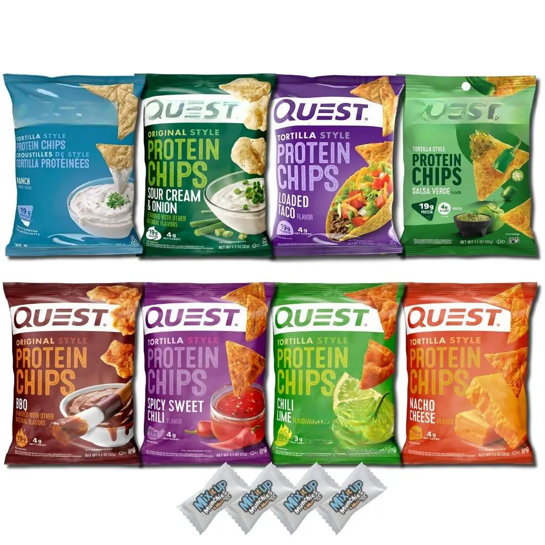 Quest Protein Chips Variety Pack - 8 Bold Flavors, 4 MIMM Mints with Sweet Mint Finish, 18-20g Protein Per Bag, Non-Fried Baked Ketofriendly Crunch Snacks, Gluten-Free, Low Calories, Sugar-Free, Travel Care Package, Birthday Gift Box