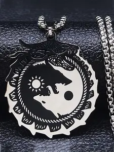 Yin Yang Gossip Wolf Sun Moon Stainless Steel Dragon Pendant Necklace Silver Color Statement Necklace collar
