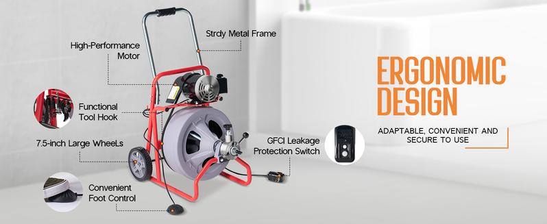 VanAcc Drain Cleaner Machine Auto Feed Sewer Snake Drain Auger with 8 Cutter for 2" to 4" Pipes, Clog Hair Remover Tool for Bathroom Kitchen