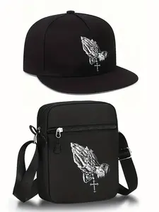 Hiphop Hand Gesture Cross Print Unisex Baseball Cap and Shoulder Bag Set, Street Style Outdoor Sports Hat and Bag, Adjustable Gift