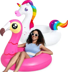 2-Pack Flamingo Unicorn Pool Float - Fun Floaties Inflatable Swimming Pool Tubes Toys Party Decorations, Summer Vacation Lake Beach Floaty Swim Rings Raft Lounger for Adults & Kids