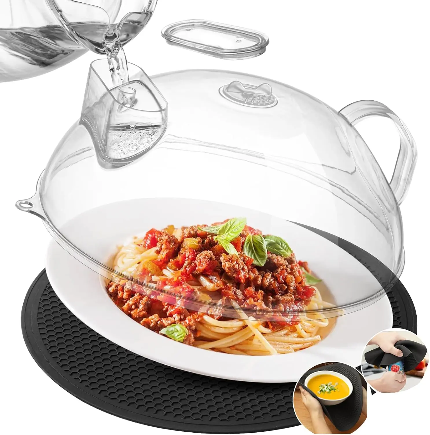 Microwave Splatter Cover for , Clear Microwave Lid with Water Steamer, Integrated Handle, Splatter Guard, 10 Plate Covers & 12" Mat, , Essential Kitchen Gadgets and Accessories