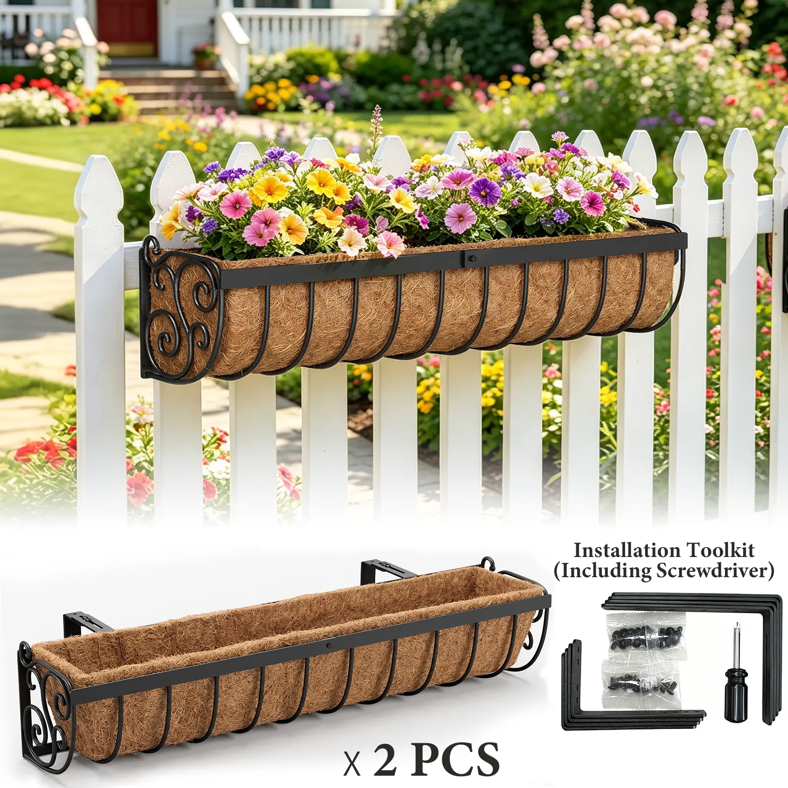 VOXOR Black Hanging Metal Railing Flower Pots & Planters - 24" W X 6.89" D X 6.1" H, 2-3 Coir Liners, Adjustable Hooks & Brackets, Window Box for Outdoor Balcony, 40 lbs Capacity, Complete Toolkit with Screwdriver (Fits Rod), Extra Ties, 30inch2pack